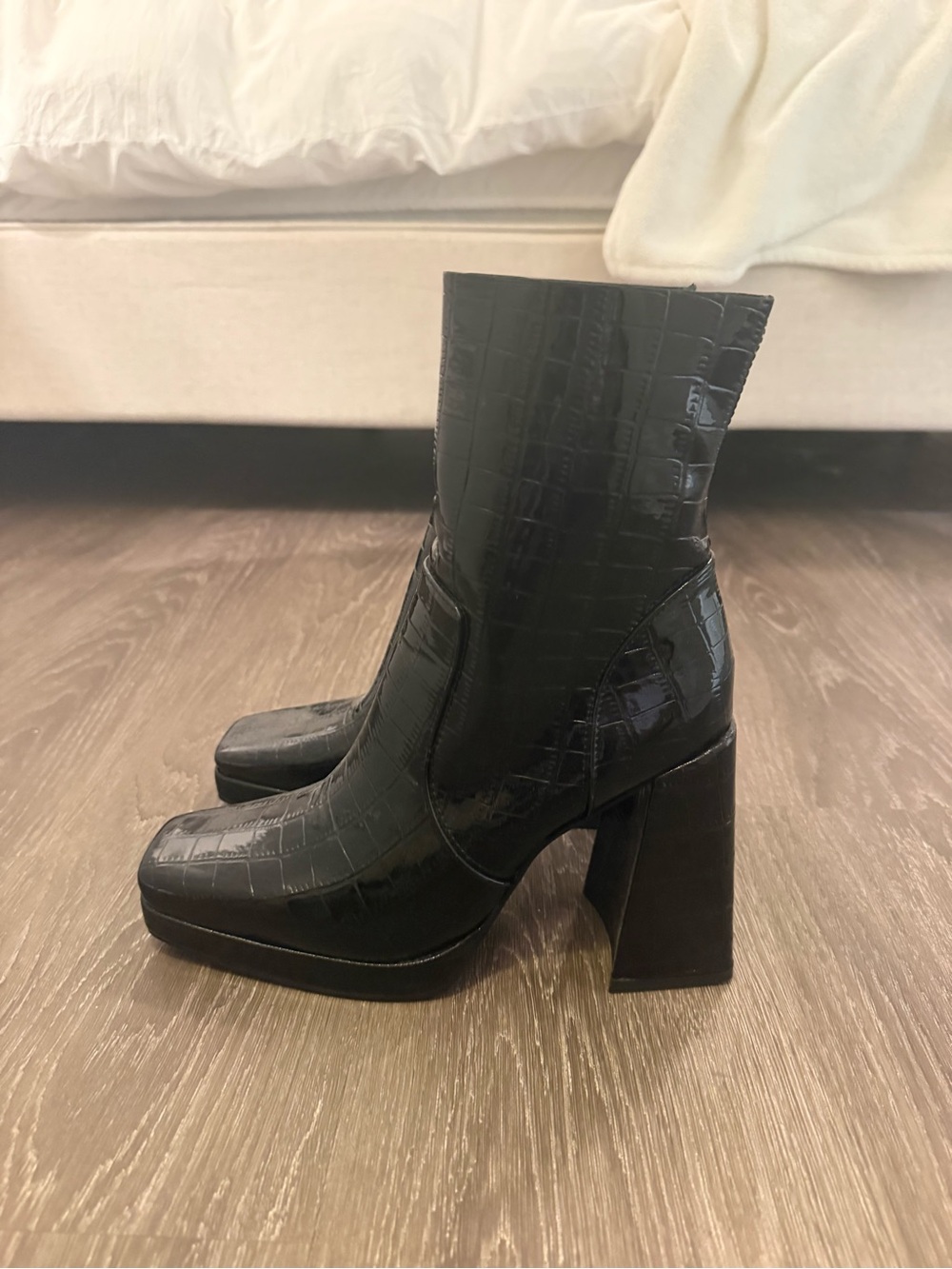 Princess Polly Black Croc-Embossed Platform Block Heel Ankle Boots